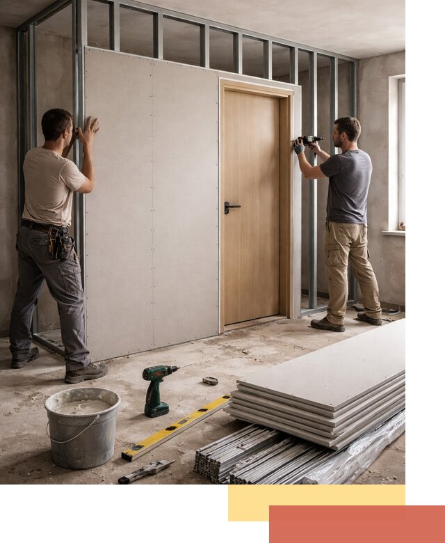 Перегородка из гипсокартона с дверью под ключ в Ревде