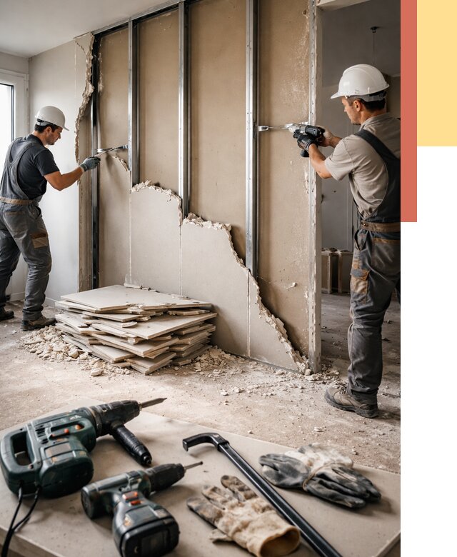 Демонтаж перегородки из гипсокартона в Ревде от 1269 руб. быстро и недорого | ОТДЕЛОЧНИК-Рвд