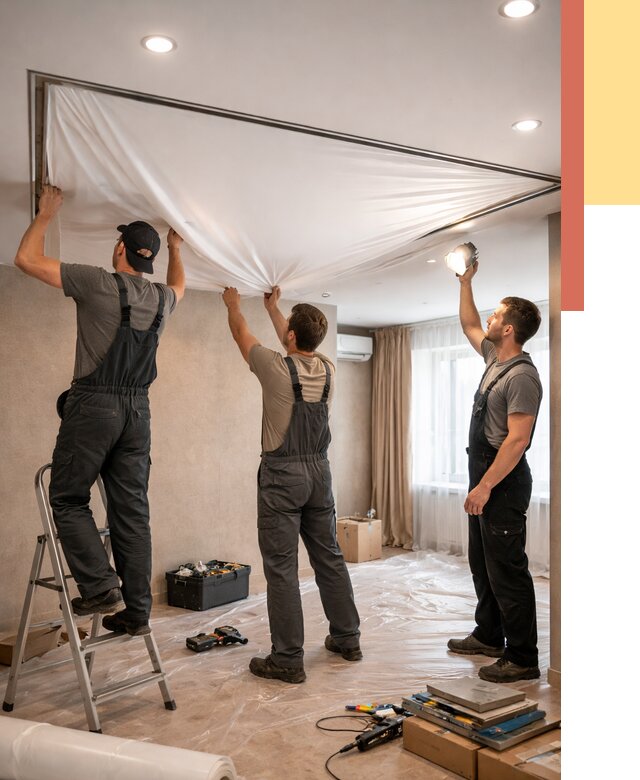 Монтаж ПВХ натяжного потолка в Ревде от 3703 руб. под ключ | ОТДЕЛОЧНИК-Рвд