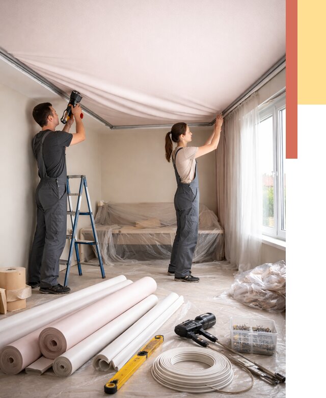 Монтаж цветного натяжного потолка в Ревде от 4443 руб/м² — быстро и недорого | ОТДЕЛОЧНИК-Рвд