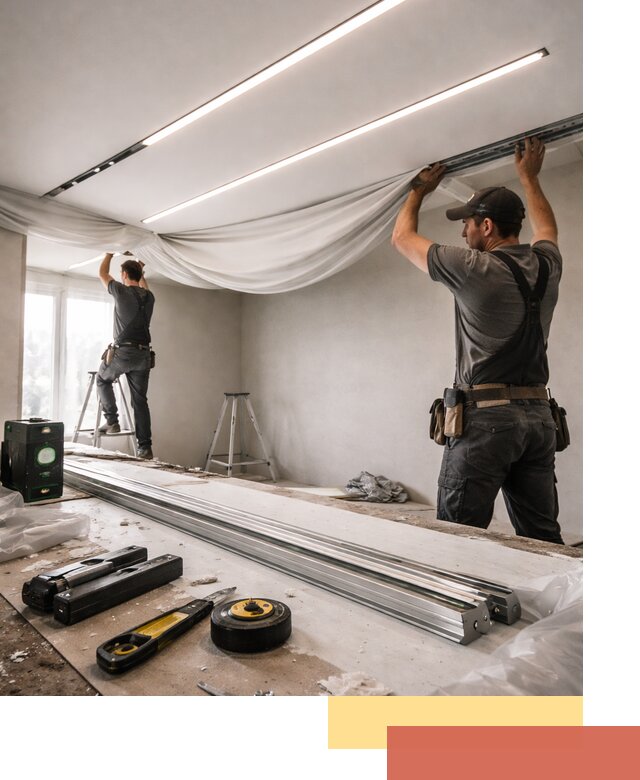 Монтаж натяжных потолков со световыми линиями в Ревде