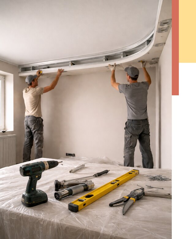 Монтаж двухуровневого натяжного потолка в Ревде от 1322 руб. | ОТДЕЛОЧНИК