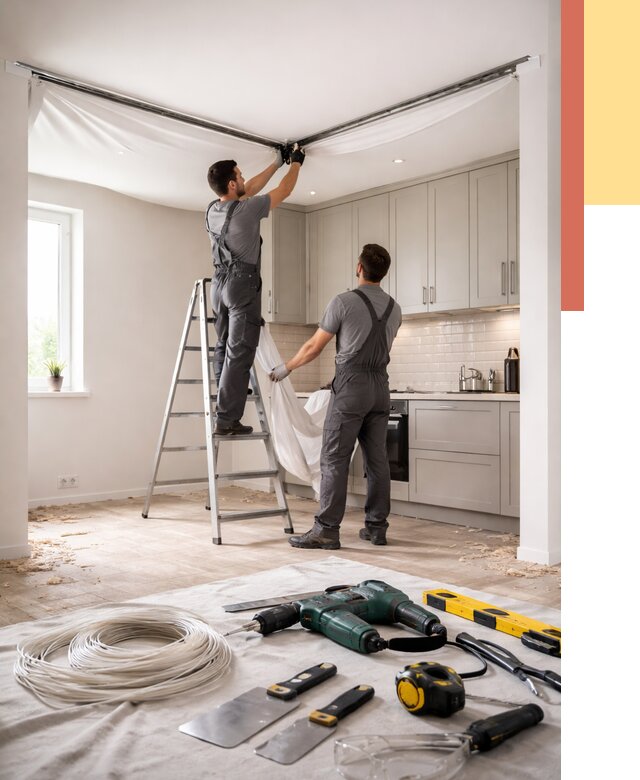 Установка натяжного потолка на кухне в Ревде от 2539 руб. | ОТДЕЛОЧНИК-Рвд