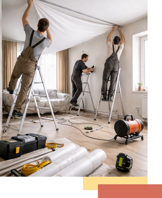 Монтаж натяжного потолка в гостиной в Ревде