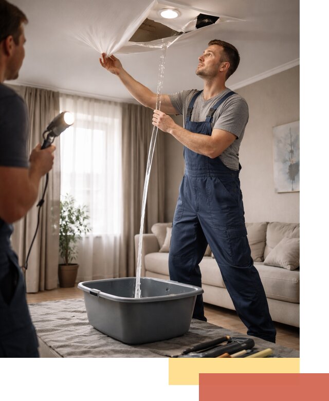 Слив воды с натяжного потолка в Ревде быстро и аккуратно