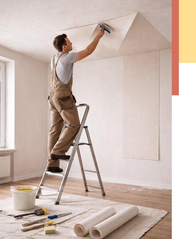 Поклейка обоев на потолок в Ревде от 4761 руб. быстро и недорого | ОТДЕЛОЧНИК-Рвд